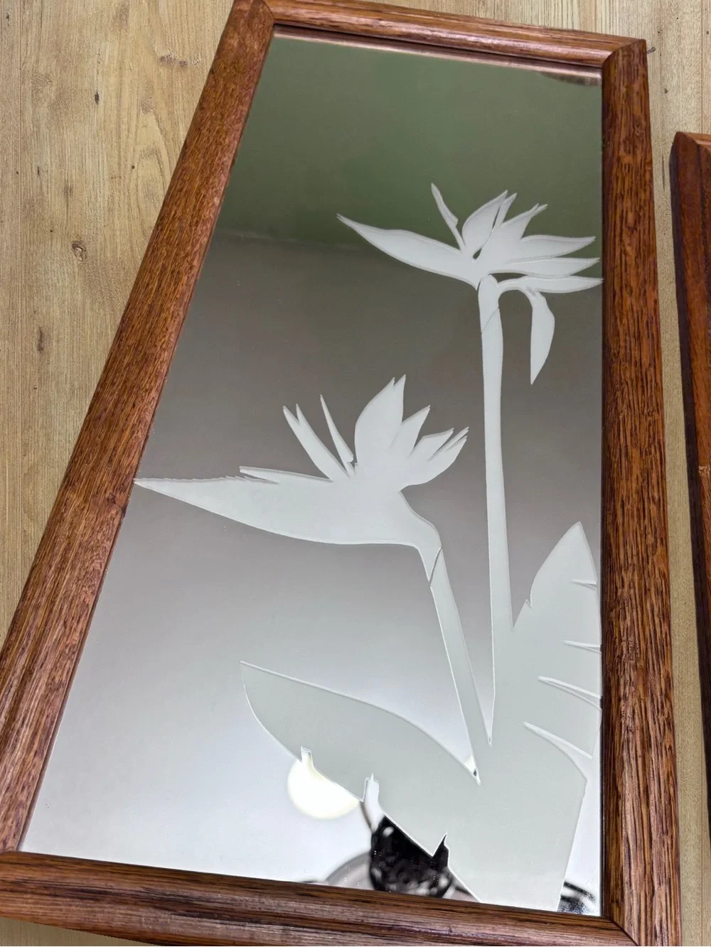 2 Vintage MCM 80s Frosted Etched Glass Mirror Wood Birds of Paradise 21